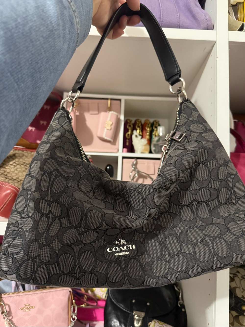 Coach Black and Gray Signature Hobo Shoulder Bag